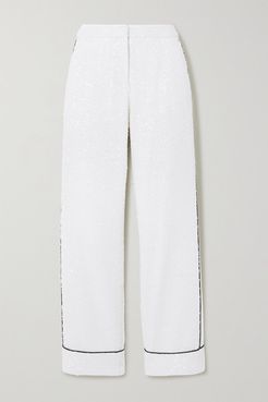 Loren Piped Sequined Tulle Wide-leg Pants - White