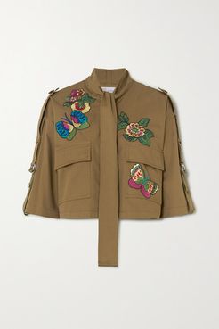 Cropped Pussy-bow Embroidered Cotton-gabardine Jacket - Army green