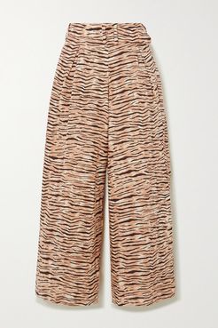 Net Sustain Lena Tiger-print Linen Wide-leg Pants - Taupe