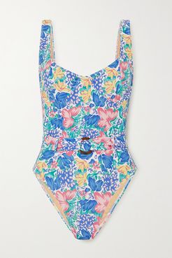 Net Sustain De Joux Belted Floral-print Underwired Swimsuit - Blue