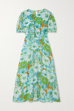 Net Sustain Beline Smocked Floral-print Crepe Midi Dress - Blue