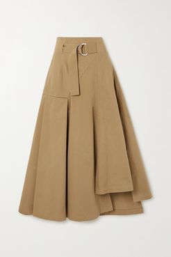 Space For Giants Belted Asymmetric Pleated Organic Cotton-twill Skirt - Taupe