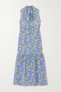 Pussy-bow Floral-print Silk-crepe Midi Dress - Blue