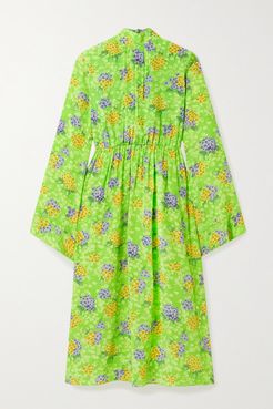 Gathered Floral-print Silk-crepe Midi Dress - Green