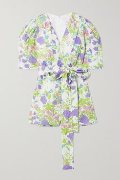 Belted Smocked Floral-print Cotton-poplin Playsuit - Purple