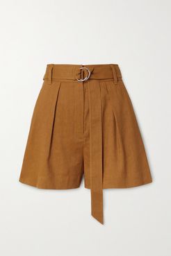 Belted Pleated Linen-blend Shorts - Camel
