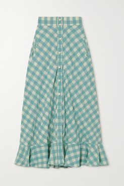 Olivia Ruffled Gingham Cotton Midi Skirt - Blue