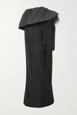 Feather-trimmed Polka-dot Satin And Floral-jacquard Maxi Skirt - Black