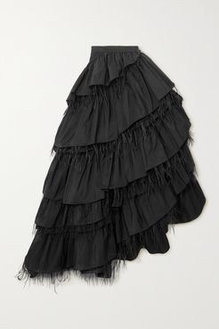 Feather-trimmed Ruffled Taffeta Maxi Skirt - Black