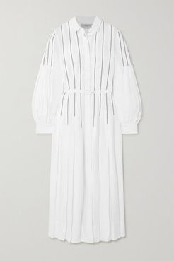 Net Sustain Chelsea Belted Pleated Embroidered Organic Linen Midi Dress - Ivory