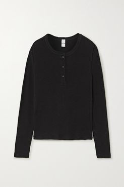 Waffle-knit Cotton-jersey Top - Black