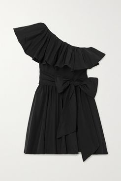 Belted One-shoulder Ruffled Twill Mini Dress - Black