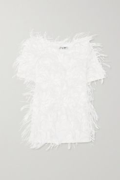 Feather-embellished Cotton-jersey T-shirt - White
