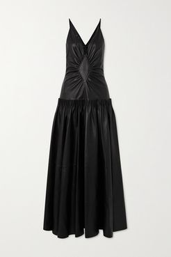 Tiered Gathered Leather Maxi Dress - Black