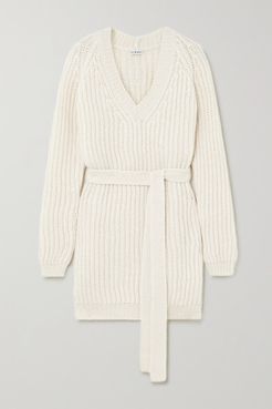 Belted Ribbed Alpaca-blend Sweater - White