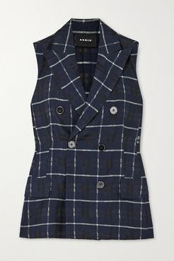 Gerno Double-breasted Checked Cotton And Silk-blend Vest - Navy