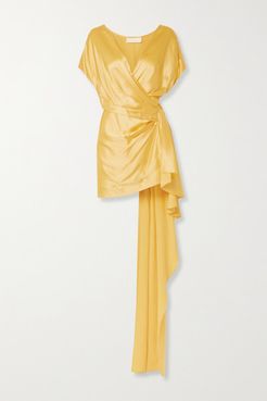 Draped Wrap-effect Silk-satin Mini Dress - Yellow