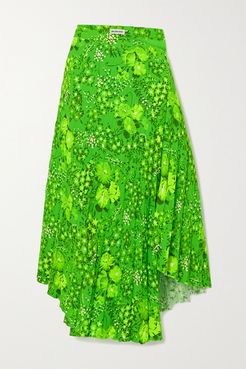 Asymmetric Pleated Floral-print Crepe Midi Skirt - Green