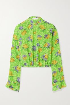 Open-back Floral-print Silk-crepe Blouse - Green