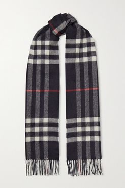 Net Sustain Fringed Checked Cashmere Scarf - Navy