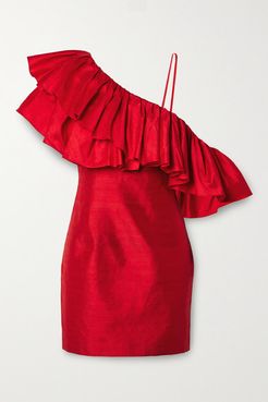 Ruffled One-shoulder Silk-shantung Mini Dress - Red