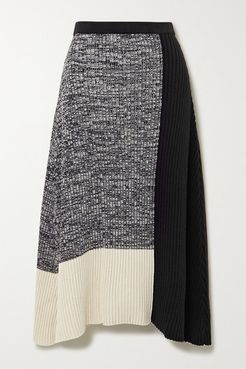 Asymmetric Color-block Ribbed Cotton-blend Skirt - Black