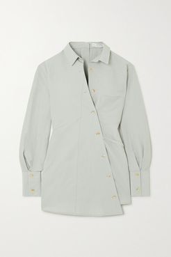 Tatiana Asymmetric Tie-detailed Cotton And Linen-blend Shirt - Gray green