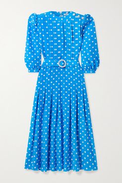 Pintucked Embellished Polka-dot Silk Crepe De Chine Midi Dress - Azure