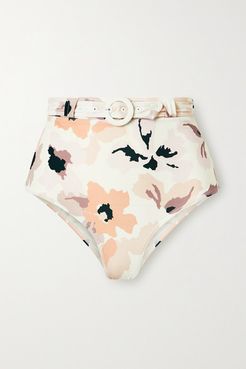 Soirée Belted Floral-print Bikini Briefs - White