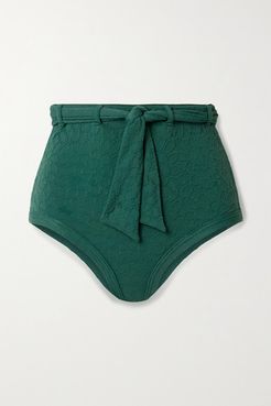 Belted Floral-jacquard Bikini Briefs - Emerald