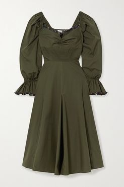 Serena Ruffle-trimmed Pleated Cotton-poplin Midi Dress - Army green