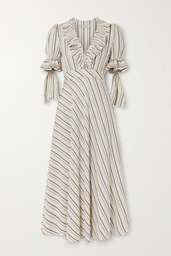 Dora Ruffled Striped Gauze Midi Dress - Beige