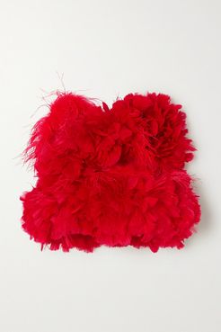 Feather-trimmed Cotton Bustier Top - Red