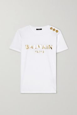 Button-embellished Printed Cotton-jersey T-shirt - White