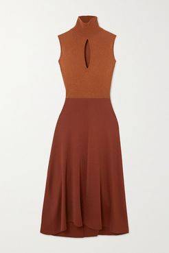 Cutout Two-tone Knitted Turtleneck Midi Dress - Brown