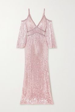 Lea Cold-shoulder Crystal-embellished Sequined Tulle Gown - Pastel pink