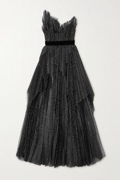 Strapless Embroidered Tulle Gown - Black