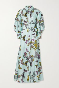 Belted Printed Silk-satin Twill Maxi Shirt Dress - Mint