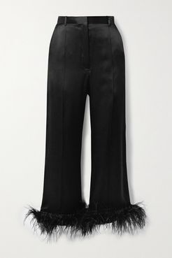 Cropped Feather-trimmed Silk-satin Wide-leg Pants - Black