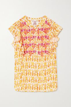 Janae Ruffled Bead-embellished Embroidered Printed Cotton-blend Blouse - Yellow