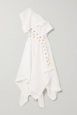 One-shoulder Eyelet-embellished Ruffled Linen-poplin Gown - White