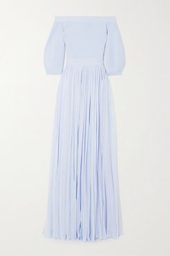 Off-the-shoulder Ribbed-knit And Crepe De Chine Gown - Blue
