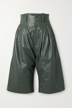 Pleated Leather Shorts - Dark green