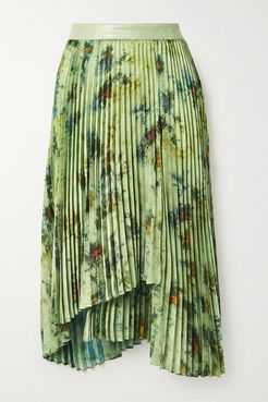Faux Leather-trimmed Pleated Tie-dyed Crepe De Chine Skirt - Army green