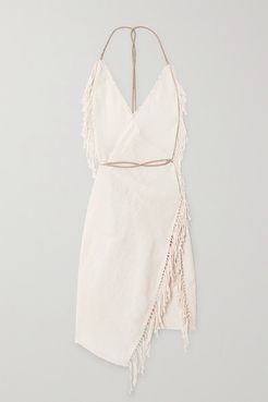 Net Sustain Misol Open-back Leather-trimmed Fringed Cotton-jute Dress - Neutral