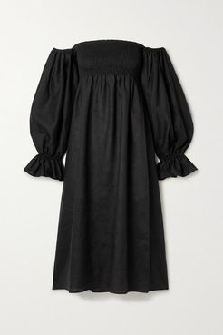Atlanta Off-the-shoulder Shirred Linen Midi Dress - Black