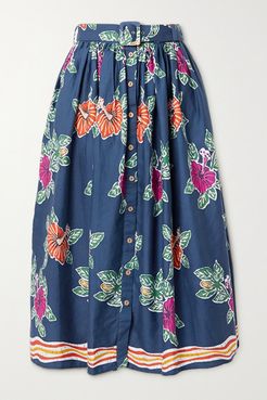 Elani Belted Floral-print Cotton Midi Skirt - Blue