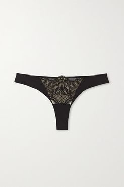 Embroidered Stretch-tulle And Jersey Thong - Black