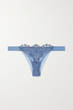 Embroidered Tulle And Satin Thong - Blue