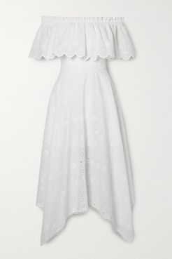 Khadi Asymmetric Off-the-shoulder Broderie Anglaise Cotton-blend Midi Dress - White